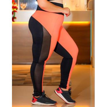 Imagem de Calça Legging Plus Size Preta e Laranja Neon com Recortes de Tela  - F