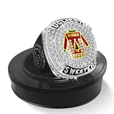 Imagem de Tkifoda Medalha de prêmio de troféu de suéter feio de Natal, anel de campeonato de competição de suéter feio com corrente de pescoço e suporte de exibição de acrílico, ótimo para suprimentos de