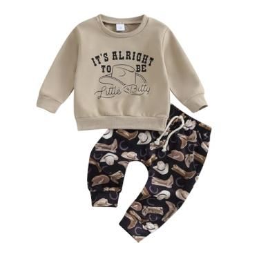 Imagem de Conjunto de roupas infantis ocidentais It's Alright To Be Little Bitty com estampa de chapéu de caubói e calça country, Café, 12-18 Meses