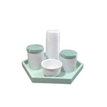 Imagem de Kit Higiene Bebê Bebê porcelana tampa bandeja verde pote garrafa térmi