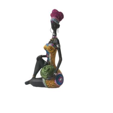 Imagem de Escultura Estatueta Mulher Africana Sentada Decorativa Negra - Corban,