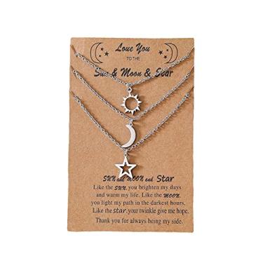 Imagem de COLORFUL BLING Colar de aço inoxidável com estrela do sol e da lua, conjunto de 3 melhores amigas, amizade, irmã, para mulheres, adolescentes, meninas, mãe, filha, melhores amigos, joias para presente, Metal, Liga metálica.