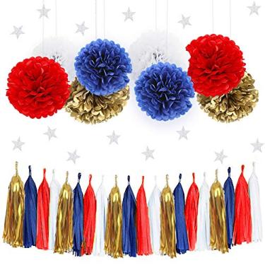 Imagem de IGUO 30 peças de decoração da Mulher Maravilha, azul marinho, vermelho, ouro branco, pompons, artigos de festa náutica, guirlanda de papel para chá de bebê, escoteiro, banquete, decorações de festa de aniversário