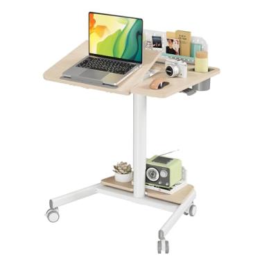 Imagem de JOY worker Mesa móvel de pé com mesa inclinável de 60°, mesa com rodinhas ajustável de 71 cm de altura, quadro de pegboard DIY e base de armazenamento, mesa portátil para laptop com 4 rodas