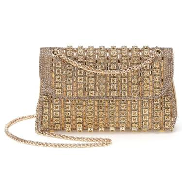 Imagem de DTGN Bolsas de noite, bolsas de mão para mulheres, formal, bolsa transversal com corrente, bolsa de ombro com strass de cristal, brilhante, elegante para casamento, noiva, convidada, festa dourada,