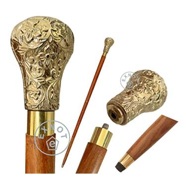 Imagem de EXNOT Bengala de caminhada vintage em madeira natural elegante maçaneta de latão bastão de madeira marrom - bengala vitoriana - bengala chique para homens e mulheres