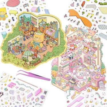 Imagem de 2 Sets Doll 3D Stickers Scene 3D House Sticker with Tweezers Make Your Own Playground Miniature Scene Stickers