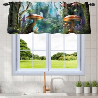 Imagem de Renaiss Cortina de cozinha de cogumelo país das maravilhas 132 x 45,7 cm, bolso para varão, conto de fadas, floresta, castelos encantados, cortina de janela, misteriosa, botânica, tratamento para