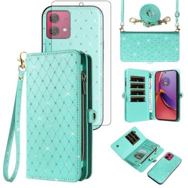 Imagem de Asuwish Capa de celular para Motorola Moto G84 5G carteira com zíper destacável com protetor de tela de vidro temperado alça transversal alça flip glitter porta-cartão slot G 84 2023 mulheres meninas