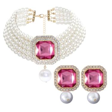 Imagem de MeliMe Colares femininos Faux Big Pearl Srand com 5 camadas de colar de pérolas e brincos conjunto de brincos e bijuterias de pérolas dos anos 1920 para presente de casamento, Zinco, Pérola sintética