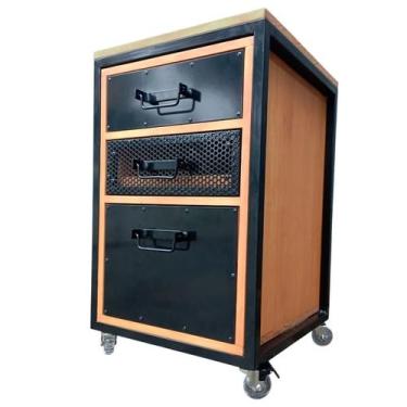 Imagem de Gaveteiro de Madeira e Ferro Estilo Industrial com 3 Gavetas e 4 Rodíz