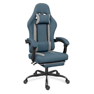 Imagem de ErgoDesign Cadeira de jogos de tecido respirável com apoio para os pés, cadeira de jogos de altura ajustável, cadeira de videogame para sala de jogos, sala de estar e escritório - azul/cinza claro