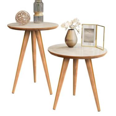 Imagem de Conjunto 2 Mesa Tampo Redondo Mesinha Madeira de Apoio e Lateral de So
