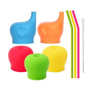 Imagem de Pacote com 5 tampas de silicone para copos com canudos, esticam para cobrir copos infantis ou copos infantis em copos de bico macio, tampas de silicone à prova de derramamento para copos