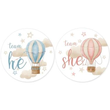 Imagem de Adesivos de festa de revelação de gênero de balão de ar quente, Boho Team He or Team She - 40 unidades, He or She, It's Up in The Air, decorações reveladoras de gênero
