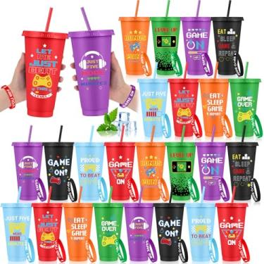 Imagem de Jingmore Conjunto de 24/48 peças de lembrancinhas de jogos inclui copos de plástico de videogame de 680 g com tampas e canudos e pulseiras de silicone, copos de plástico reutilizáveis para festa de