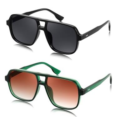 Imagem de FEISEDY Óculos de sol retrô quadrado aviador feminino masculino anos 70 vintage moderno armação de plástico B4158, Preto e verde, 55MM