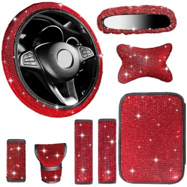 Imagem de MINGZAIQIPEI Conjunto de 8 peças de acessórios de carro brilhantes, capa de volante de 38 cm, decoração universal para mulheres, capa de espelho retrovisor brilhante, encosto de cabeça de carro