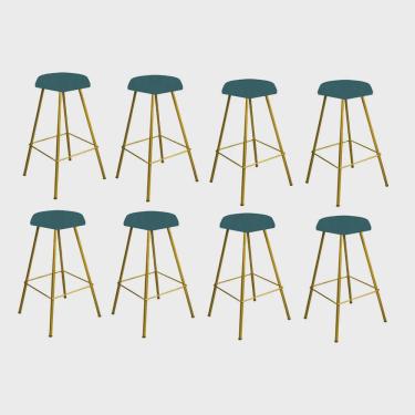 Imagem de Kit 08 Banqueta Alta Lari Eiffel Hexágono Cozinha Bar Balcão Bistrô Ferro Dourado Suede Azul Turquesa - Ahz Móveis