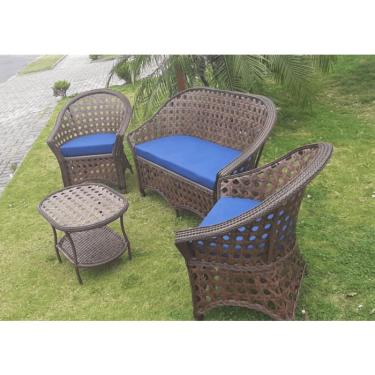 Imagem de Conjunto de Sofá Fibra Sintética Berlim Trançado - 1 Sofá 2L + 2 Poltronas + 1 Mesa de Centro - Tecido Linum Azul