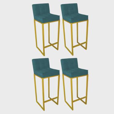 Imagem de Kit 04 Banqueta Alta Linne Com Encosto Cozinha Bar Balcão Bistrô Ferro Dourado Suede Azul Turquesa - Ahz Móveis