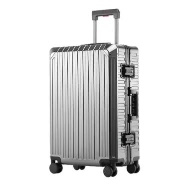 Imagem de Malas de mão rígidas de alumínio e magnésio com fechadura, mala rígida aprovada por companhias aéreas com rodas giratórias, estojo de metal quadriculado com rodinhas para negócios, viagens, Cinza, 26