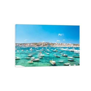 Imagem de Arte de parede de paisagem urbana quadro emoldurado pronto para pendurar - pintura de paisagem arte de parede para sala de estar - impressões panorâmicas em tela - barco cais de cidade costeira 60 x