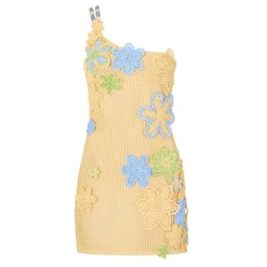 Imagem de Earthradius Conjunto de saia feminina com espartilhos de malha de crochê, flores coloridas, vazado, costas nuas, colete cropped top midi saia feminina (C, P)