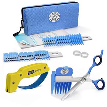 Imagem de Kit de cuidados com animais de estimação silenciosos com corte assustador para gatos e cães – Alternativa silenciosa para chinelos elétricos para animais de estimação sensíveis – Azul, destro (17 peças RH + apontador de tesouras, azul)