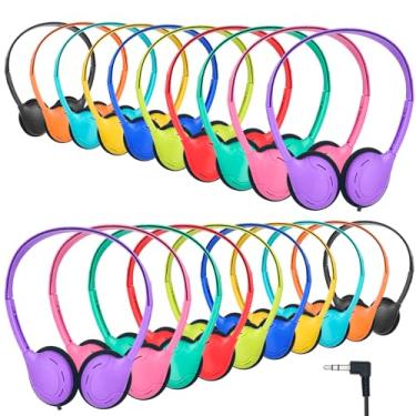 Imagem de TJZXGUI Conjunto de 20 fones de ouvido para crianças, estudantes, escola, sala de aula, fones de ouvido grandes volumosos, conector ajustável de 3,5 mm para biblioteca, crianças, adultos (várias cores