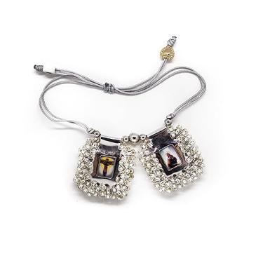 Imagem de Pulseira Escapulária Sagrada Feita à Mão com Contas de Cristal Pulseira de Pedra do Sagrado Coração de Jesus, Virgem Santa de Carmen, Arcanjo de São Miguel. 2,5 cm x 3 cm por Zaraleas, Couro, Sem