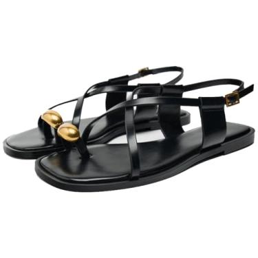 Imagem de YIYA Sandália feminina gladiadora de tiras rasteiras abertas bico quadrado salto baixo tira no tornozelo sapatos de verão, Preto, 38