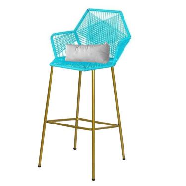 Imagem de Banqueta Alta Sttar Ferro Dourado Fibra Azul Turquesa Almofada Corino Branco - Amey Decor