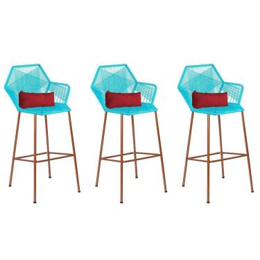 Imagem de Kit 03 Banqueta Alta Sttar Ferro Bronze Fibra Azul Turquesa Almofada Corino Vermelho - Amey Decor