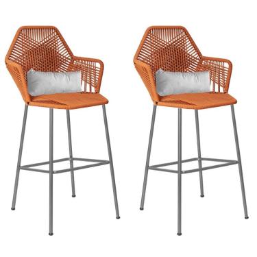 Imagem de Kit 02 Banqueta Alta Sttar Ferro Prata Fibra Terracota Almofada Branco - Amey Decor