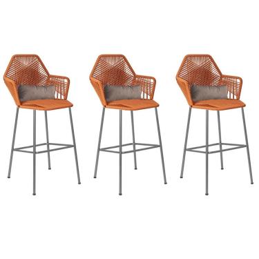 Imagem de Kit 03 Banqueta Alta Sttar Ferro Prata Fibra Terracota Almofada Bege - Amey Decor