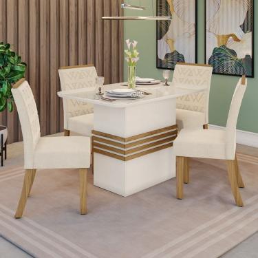 Imagem de Conjunto Sala De Jantar Tampo Mdf Com Vidro Canto Arredondado 120 Cm 4 Cadeiras Melinda Nature Com Off White E Linho