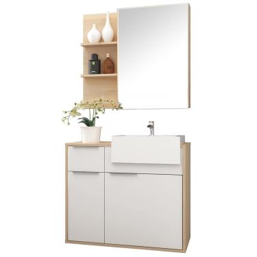 Imagem de Conjunto Banheiro Gabinete 80cm 02 Gavetas Com Armário E Cuba Jazz B06 Faia Branco - Lyam Decor