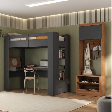 Imagem de Quarto Juvenil Completo Com Beliche E Sapateira Addis Espresso Móveis Grafite-nogal