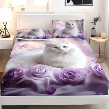 Imagem de AILONEN Jogo de lençol solteiro para meninas, gato e gatinho, borboleta roxa e princesa, gato, branco, com 2 fronhas, lençol com elástico e 2 fronhas, 3 peças