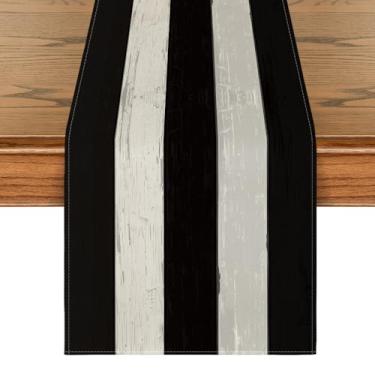 Imagem de Artoid Mode Caminho De Mesa Com Textura Madeira Rústica Retrô Em Preto E Branco, Decoração Sazonal Halloween Para Cozinha Jantar, Festa Casa, 33 X 182 Cm