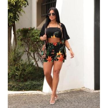 Imagem de Kimono + Shorts+ Cropped 3 Peças Feminino Primavera/ Verão - M & K Sho