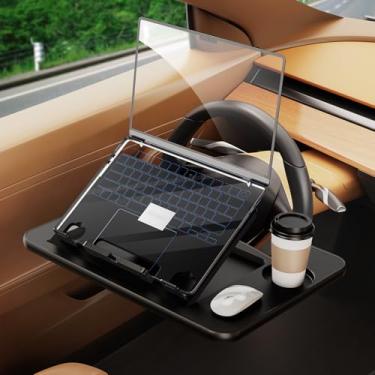 Imagem de WISFISSH Bandeja de volante de carro 3 em 1 para laptop, bandeja de mesa de carro ajustável em altura para motorista, bandeja de comida de carro com suporte de bebidas, acessórios de carro de viagem