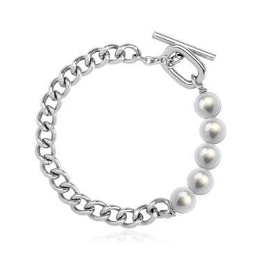 Imagem de IDOKAWA Pulseira de corrente moderna de aço de titânio com pingente de coração / letra gótica M e pérola sintética de 5/7 mm, joias presentes para mulheres e homens, aniversário, dia dos namorados