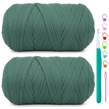 Imagem de Pacote com 2 camisetas para crochê, verde escuro, tecido elástico macio, grosso, fio de crochê para crochê, tricô iniciante, bolsa de tricô à mão/artesanato faça você mesmo/decoração de casa 2 x 400G