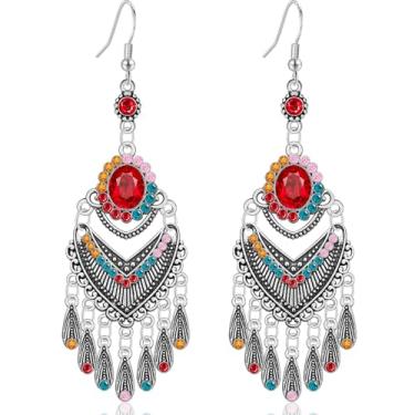 Imagem de Ricarmo Brincos femininos boêmios, vintage, vazado, lustre vazado, pingente, gota, cristal, esmaltado, franja, gancho, para mulheres, 2.44inch, Metal, Sem pedra preciosa
