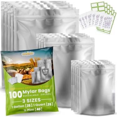 Imagem de Sacos Mylar para armazenamento de alimentos, 100 unidades, espessura extra 0,254 mm, tamanhos de 4 L, 1 L e 500 ml com absorventes de oxigênio de 400 ml, reutilizáveis com zíper, bolsas Mylar