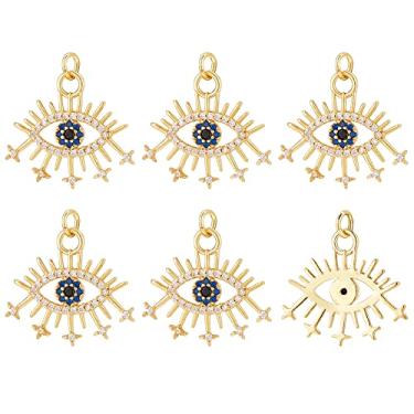 Imagem de BENECREAT 6 peças de pingentes de zircônia cúbica de olho turco banhado a ouro 18 K, pingente de latão com anel de salto para pendurar pulseira e fabricação de brincos, furo: 3,2 mm