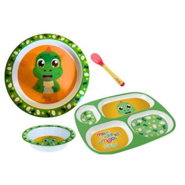 Imagem de Kit Prato Divisória + Fundo + Raso + Colher Silicone Bebê - Arts, Dino