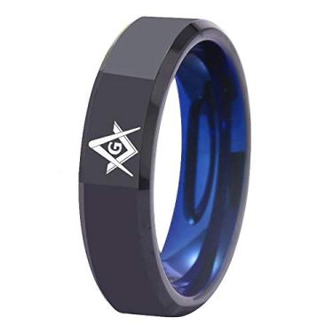 Imagem de Anel maçônico maçônico/bússola maçônica - 4 mm/6 mm acabamento chanfrado preto polido e azul dentro de carboneto de tungstênio gravação personalizada sem anel, Metal, não
